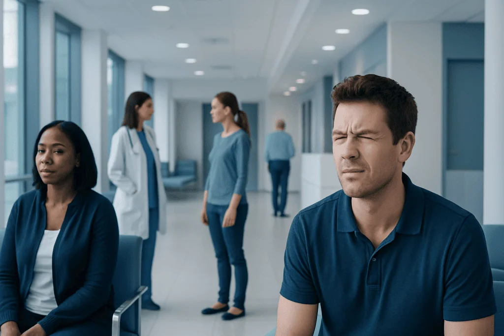 Squinting: A Complete Medical Overview 1 Patient experiencing eye discomfort in a hospital corridor.