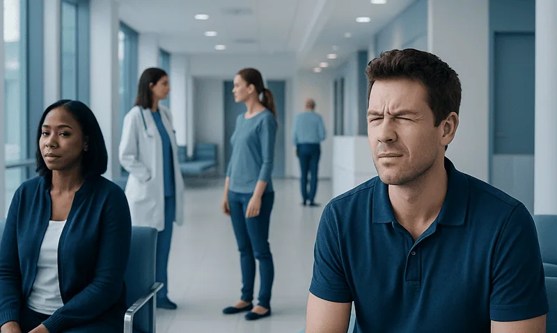 Patient experiencing eye discomfort in a hospital corridor.