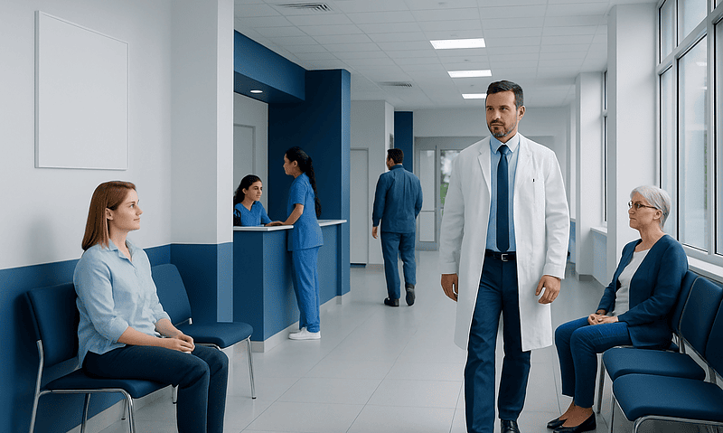 Medical consultation in a modern hospital corridor with patients and staff.