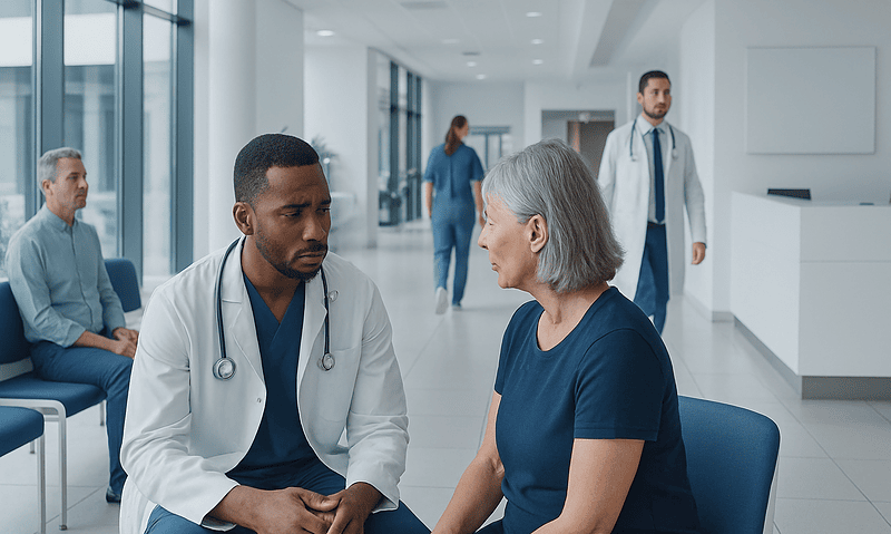 Doctor consulting with an elderly female patient in a hospital corridor.