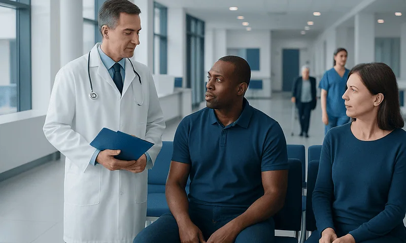 High Blood Stage 1: What Your Results Mean and When to Act 8 Doctor consulting with patients in a modern hospital waiting area.