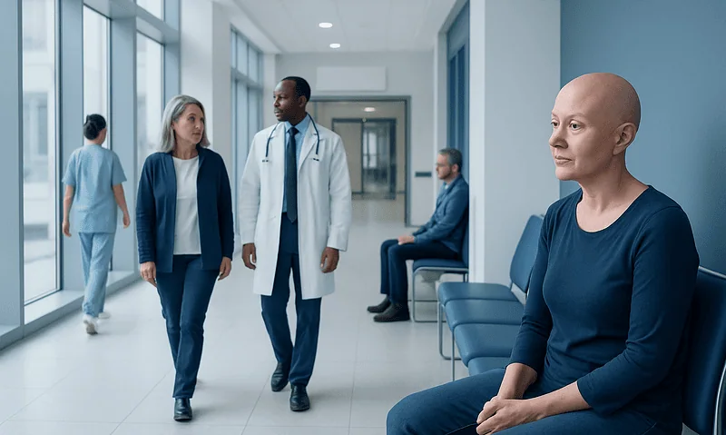 Cancer patient waiting in hospital corridor with medical staff nearby.