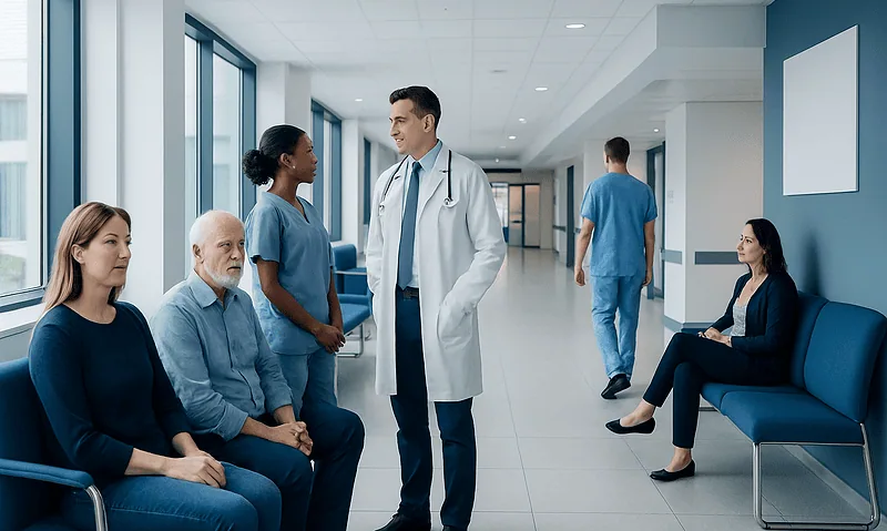 Medical consultation in hospital corridor with diverse healthcare professionals and patients.