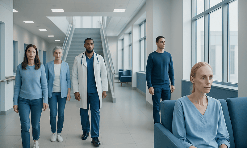 Hospital corridor with medical staff and patient in waiting area.