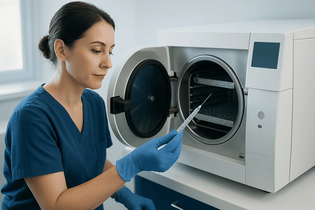 Medical professional preparing a sterilized needle in a laboratory setting.