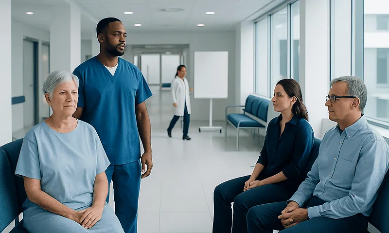 Medical team consulting with a patient in a hospital corridor.
