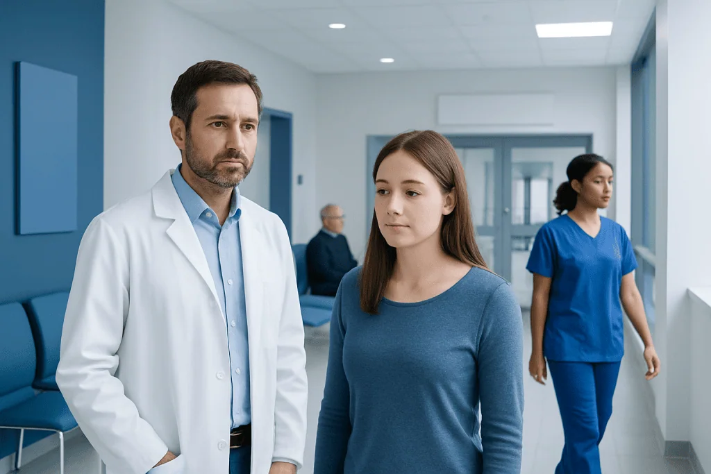 Sternum Popping — Explained by Medical Evidence, Not Myths 1 Doctor consulting with a young female patient in a hospital corridor.