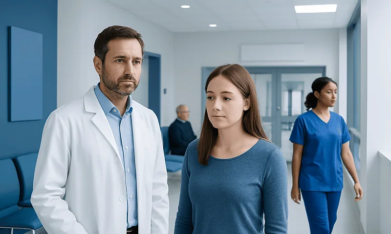 Doctor consulting with a young female patient in a hospital corridor.