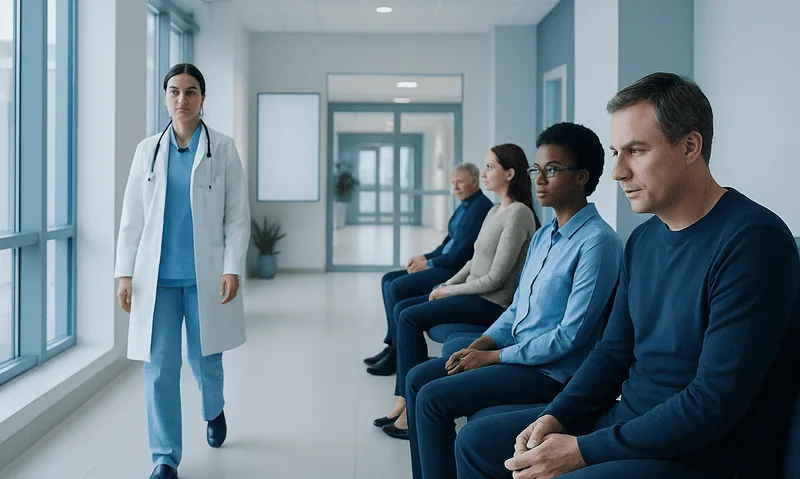 Doctor waiting with patients in a hospital corridor at Acibadem Hospitals Group.