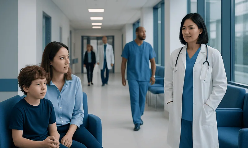 Medical team consulting with a young patient in a hospital corridor.