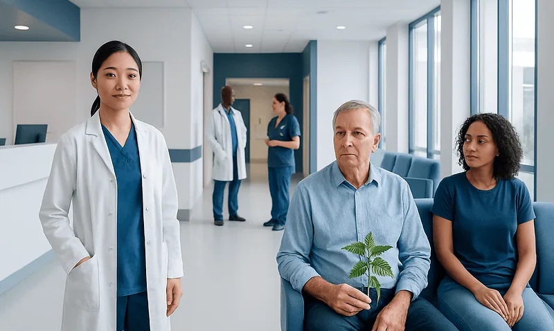 Medical staff with patient holding a plant in hospital corridor.