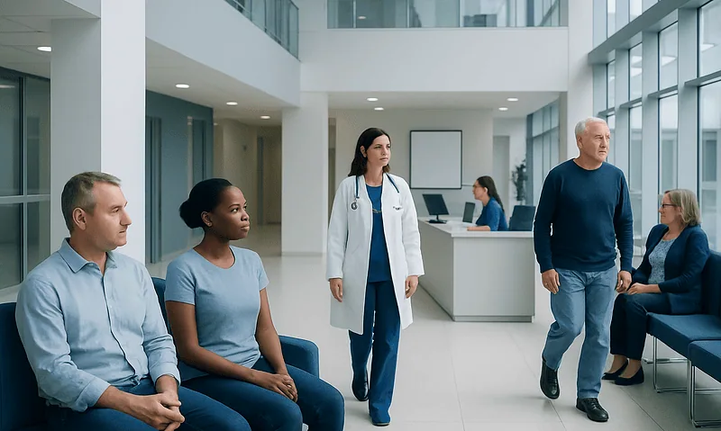 Patients waiting in a modern hospital lobby with medical staff nearby.