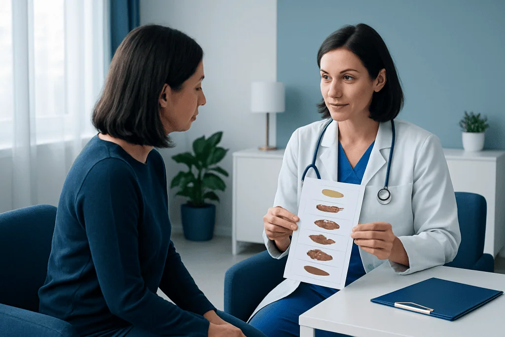 Doctor explaining stool chart to patient in a medical consultation.