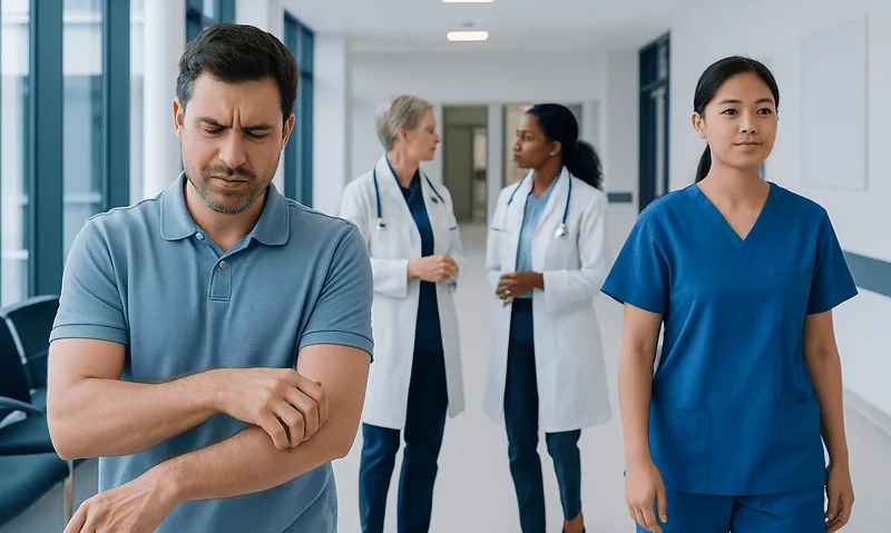 Patient experiencing itching, medical staff in hospital corridor.