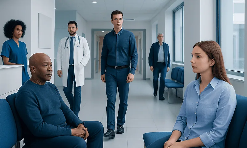 Medical consultation in hospital corridor with diverse healthcare professionals and patient.