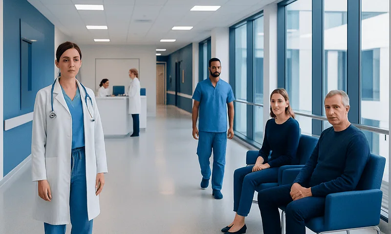 Medical staff and patients in a modern hospital corridor at Acibadem Hospitals Group.