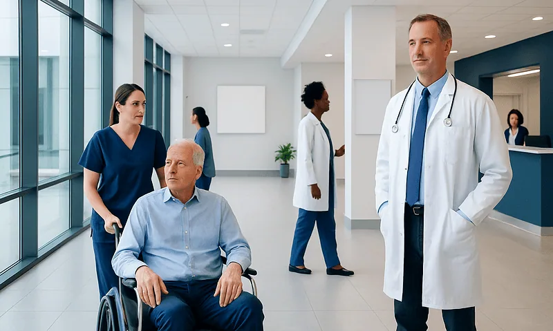 Hospital staff and patient in a modern healthcare facility.