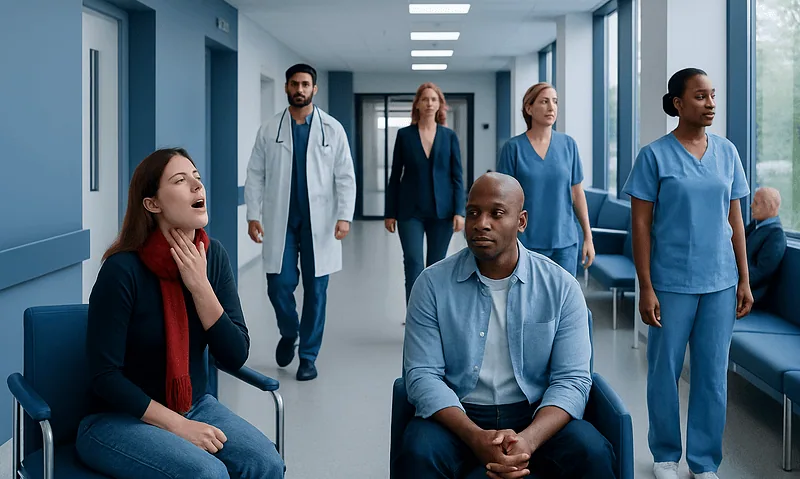 Patients waiting in a hospital corridor with medical staff nearby.