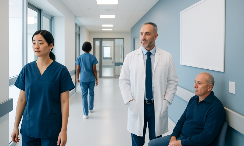 Medical team in hospital corridor with nurse, doctor, and patient.