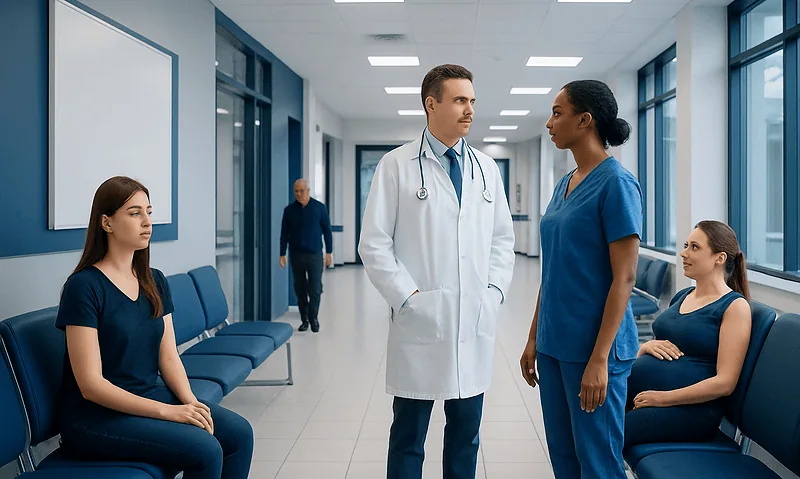 Doctor consulting with two nurses in a hospital corridor.
