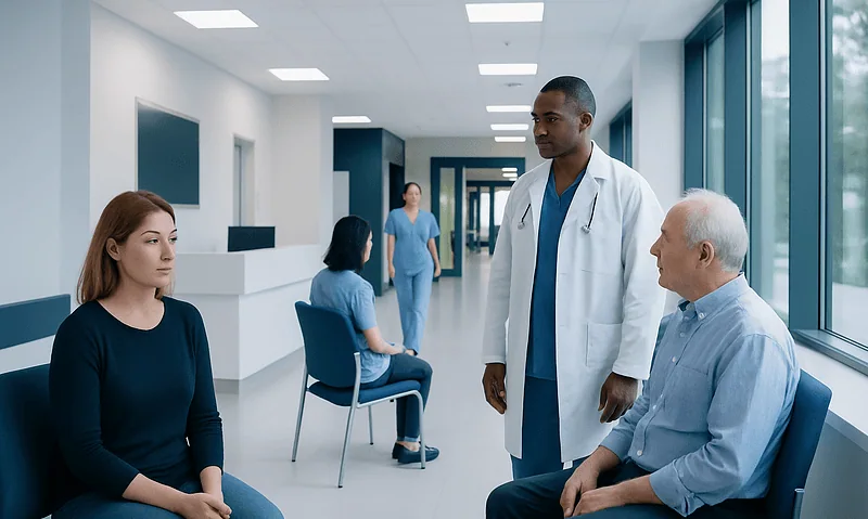 Doctor consulting with patient in hospital corridor at Acibadem Hospitals Group.