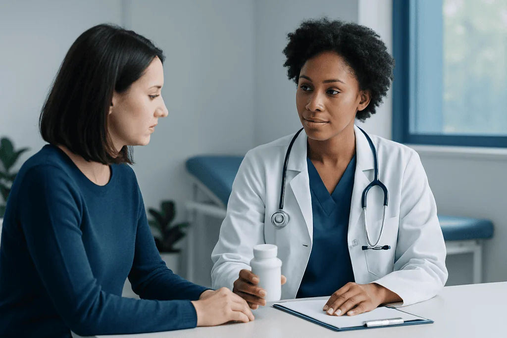 Doctor consulting with a patient about medication in a clinical setting.