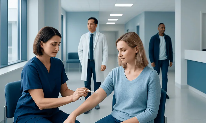 Nurse drawing blood from a patient in a hospital corridor.