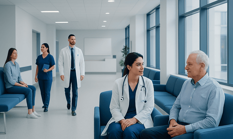Medical consultation in a modern hospital waiting area with doctors and patients.