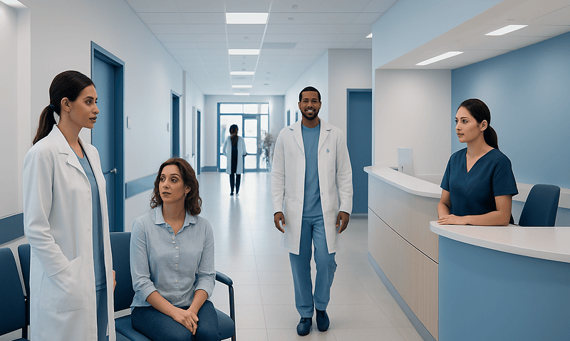 Medical team consulting patient in hospital corridor.