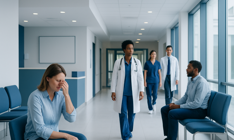 Patient distressed in hospital corridor with medical staff nearby.
