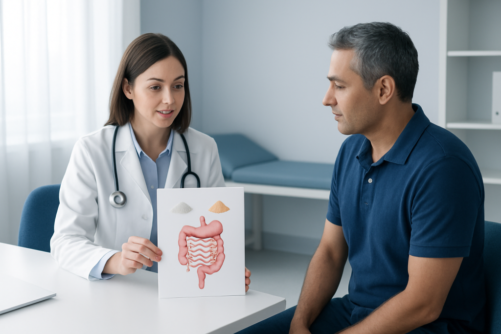 Doctor explaining digestive system to patient with visual aid.