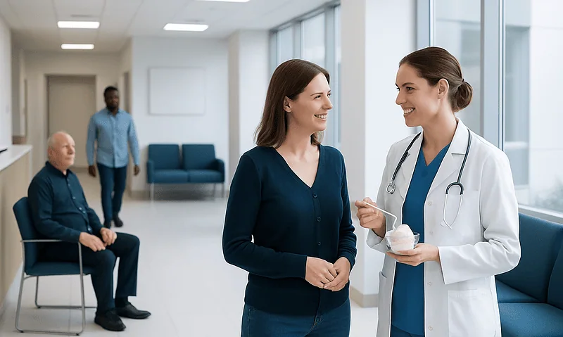 Doctor discussing with patient in hospital corridor with waiting area.