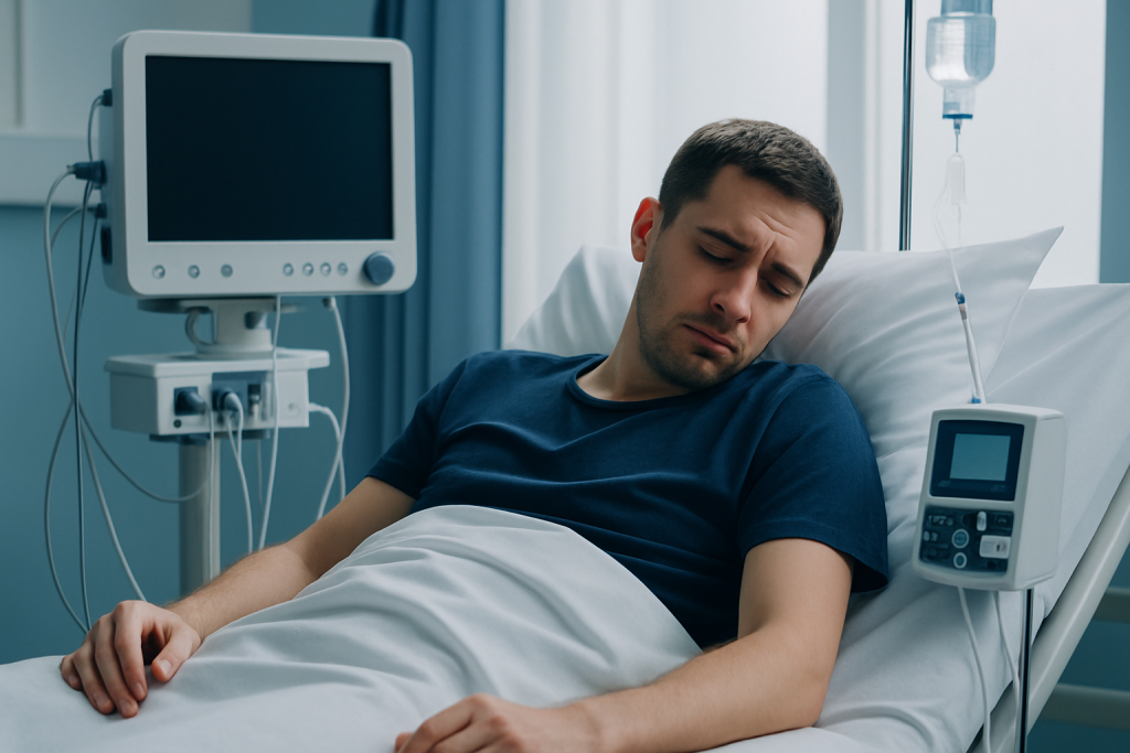 Young man in hospital bed with medical monitors and IV drip.
