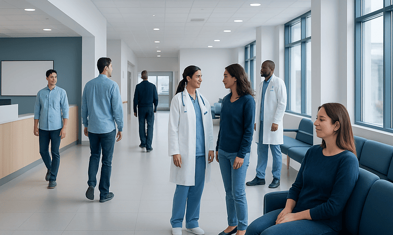 Medical professionals and patients in a hospital corridor at Acibadem Hospitals Group.