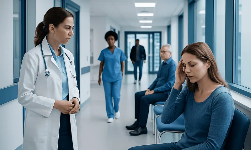 Female doctor consulting a patient in hospital corridor.