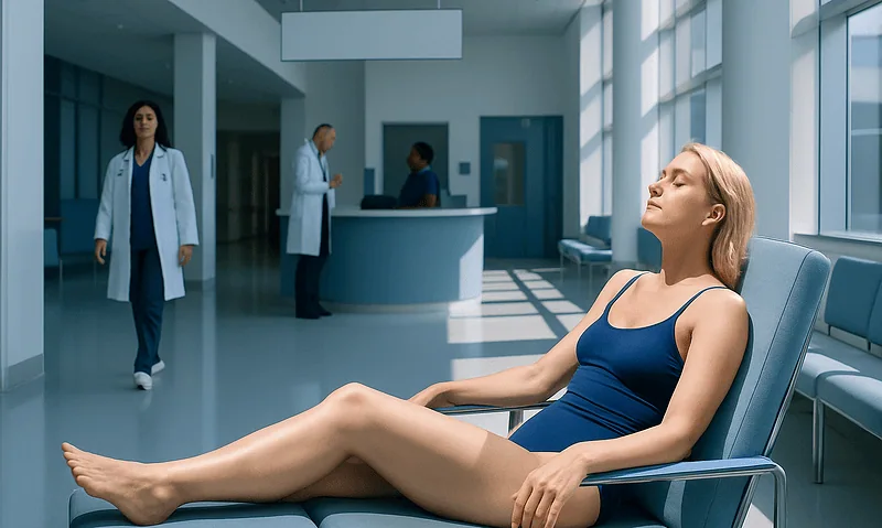 Health Library 1 Patient relaxing in hospital corridor with medical staff in background.