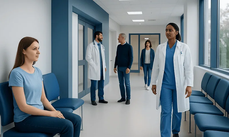 Medical staff and patient in hospital corridor at Acibadem Hospitals Group.
