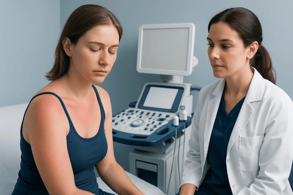 Woman receiving medical consultation for sunburn treatment at Acibadem Hospital.