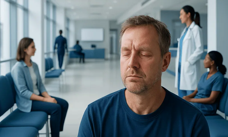 Man with sunburned eyes in a hospital waiting area.