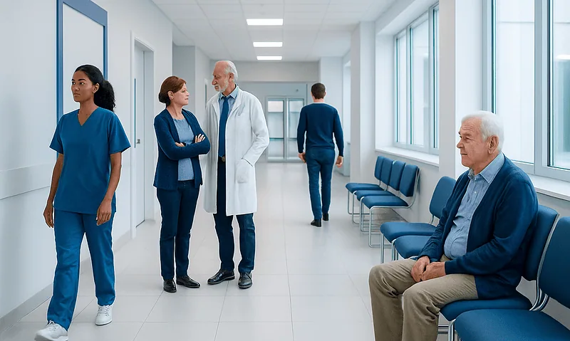 Hospital corridor with medical staff and patients engaging in conversation.