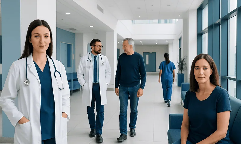 Healthcare professionals and patients in a modern hospital corridor.