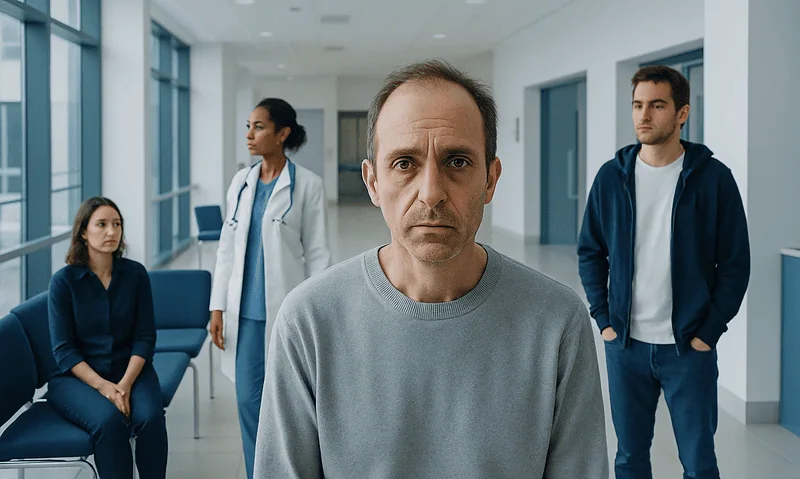 Man with sunken eyes in hospital corridor with medical staff and visitors.