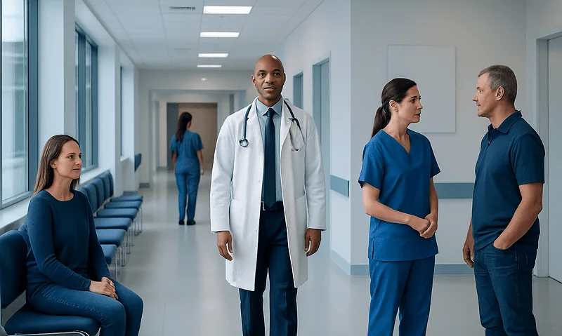 Medical professionals and patients in a hospital corridor at Acibadem Hospitals Group.