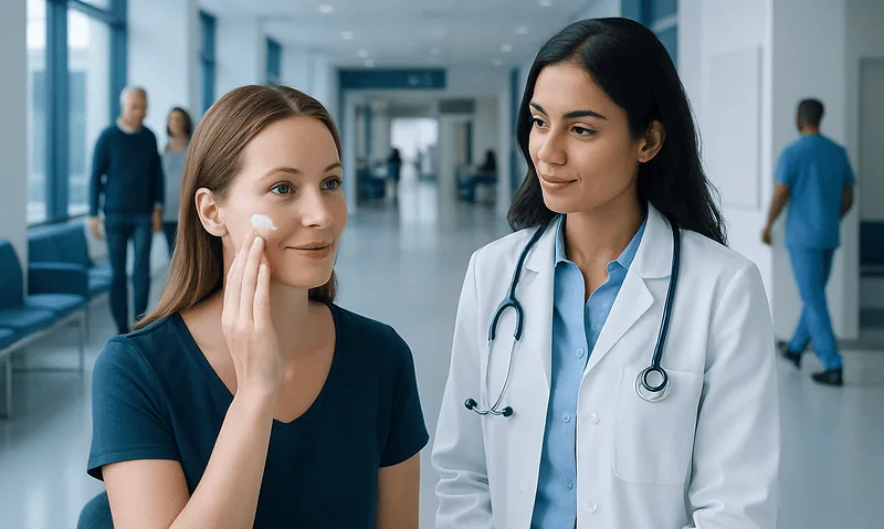 Doctor advising a patient on skincare in a hospital corridor.