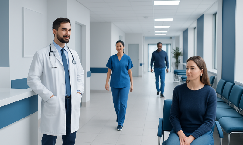 Medical team in hospital corridor with patient waiting area.