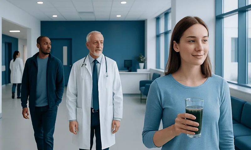 Young woman drinking green juice in hospital corridor with doctors and staff.