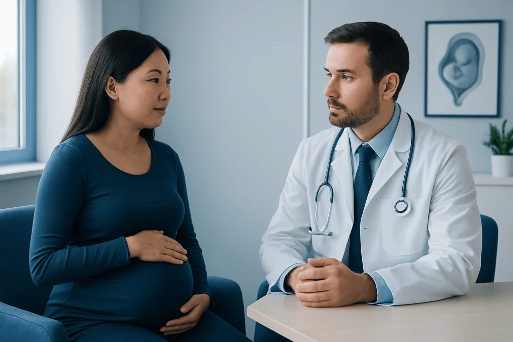 Pregnant woman consulting with a doctor in a medical office.