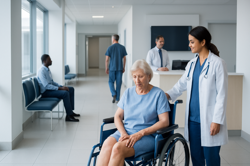 Understanding Superficial Thrombophlebitis: A Complete Patient Guide 1 Hospital corridor with elderly patient in wheelchair and medical staff attending to her.