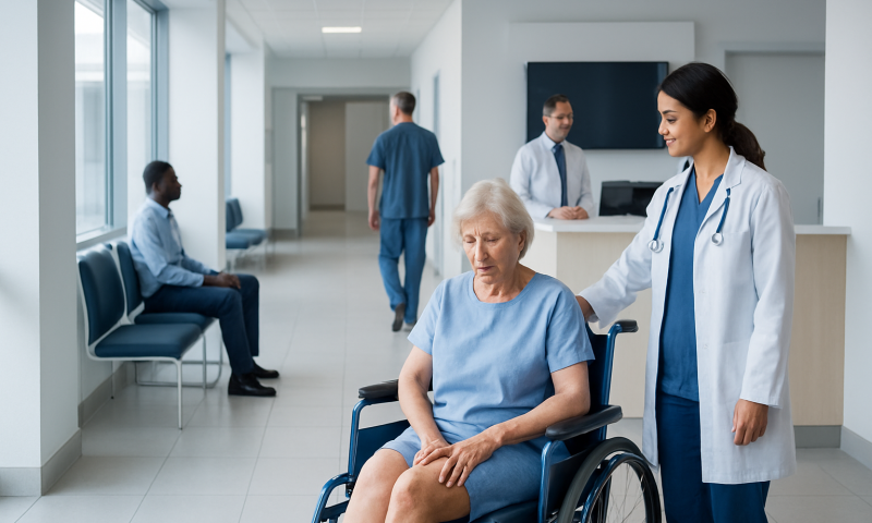 Hospital corridor with elderly patient in wheelchair and medical staff attending to her.