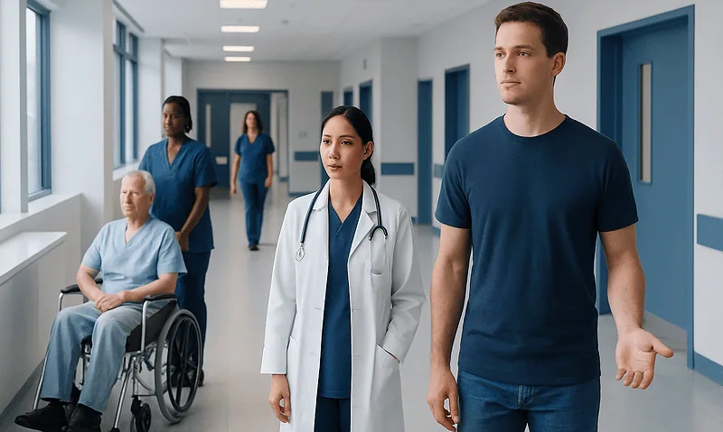 Healthcare professionals and patient in hospital corridor.